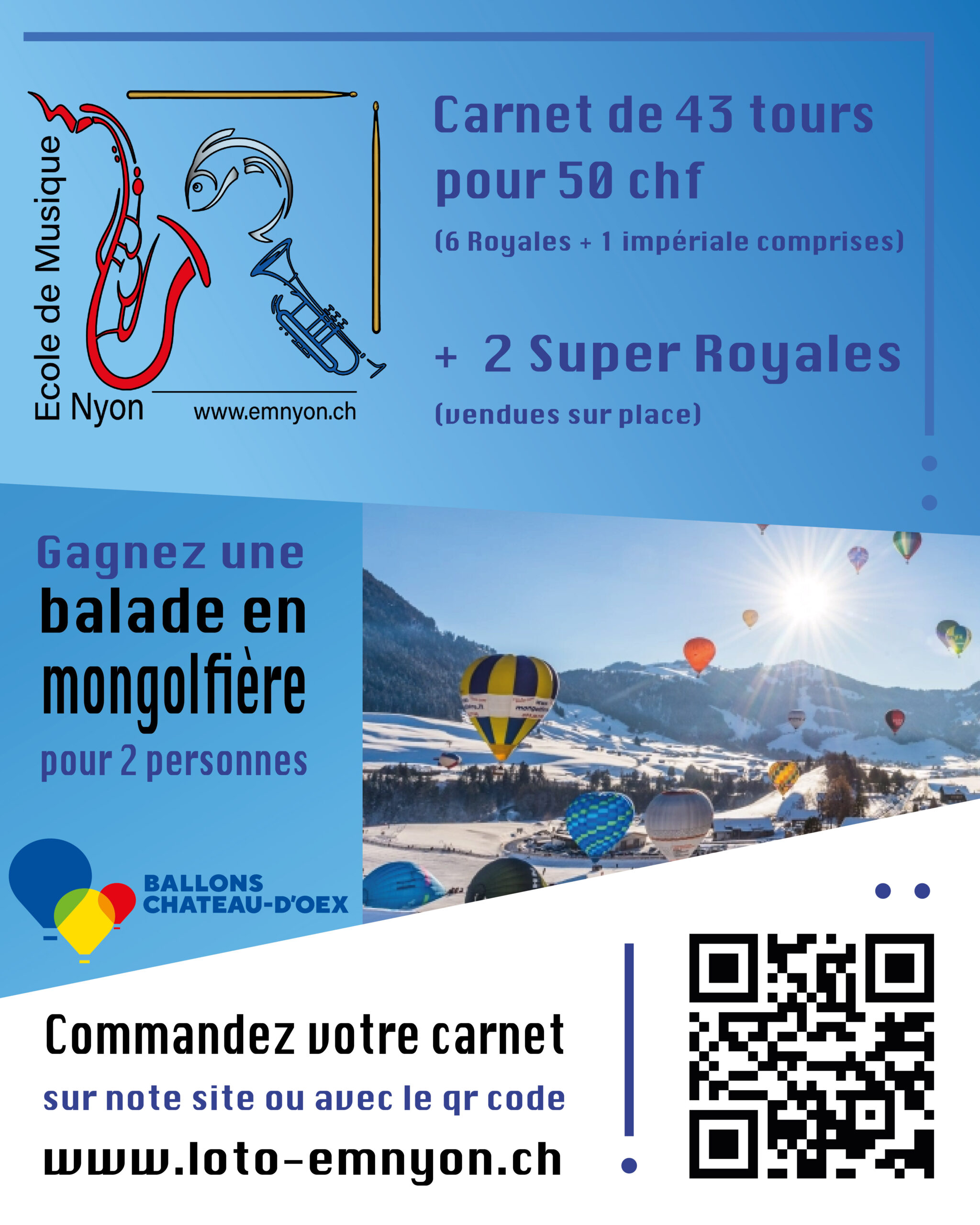 Carnet LOTO 50 CHF - Gagnez une balade en mongolfière - École de Musique de Nyon
